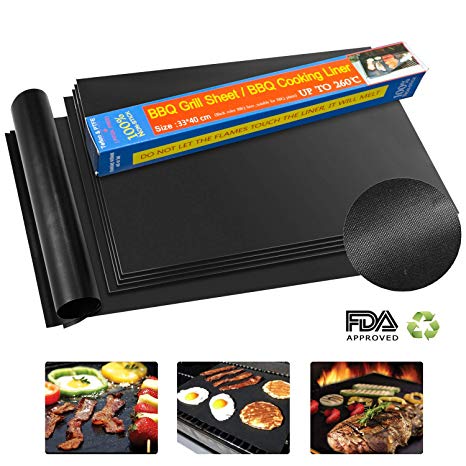 KITMA BBQ Grill Mat, Set of 6 Non - Stick Backing Mats, Reusable, Easy to Clean Barbecue Grilling Accessories, Works on Gas, Charcoal, Electric Grill, 13×15.75 Inches, Black