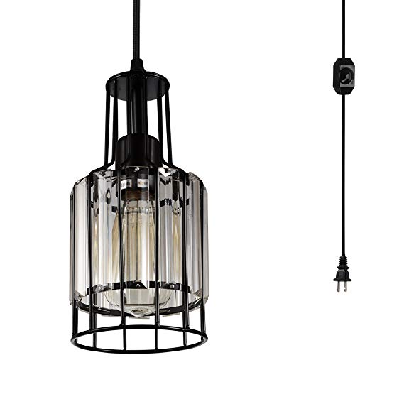 Creatgeek Plug in Industrial Pendant Light Fixture with 16.4'（Ft）Cord and in-Line On/Off Dimmer Switch, Unique Swag Hanging Crystal Lamp for Bar, Night Stand, Kitchen Island, Dining Room, Entryway