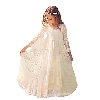 Fancy Long Sleeves First Communion Dress 0-12 Year Old Off White