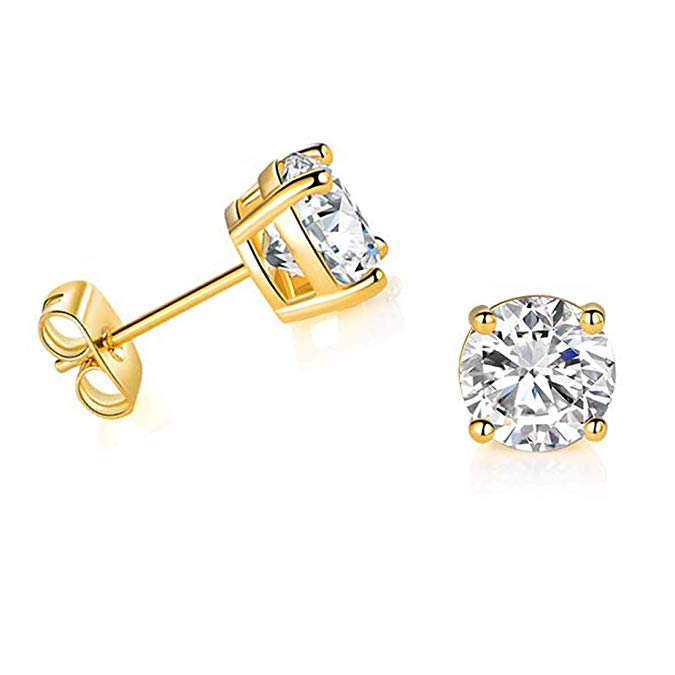 Solid 14k Yellow Gold Solitaire Round Cubic Zirconia CZ Stud Earrings with 14k Gold Butterfly Push-backs