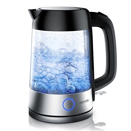 Arendo – Glass Kettle with Blue LED - Illumination | Stainless Steel-Glass Body| STRIX-controller | Integrated Chalk Filter | 1,7 Litres | 2200W | Automatic Shut-Off | One-Touch-Closure
