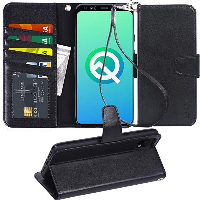 Google Pixel 4 XL Case, Arae PU Leather Wallet case [Stand Feature] with Wrist Strap and [4-Slots] ID&Credit Cards Pocket for Google Pixel 4XL / 4 XL - Black