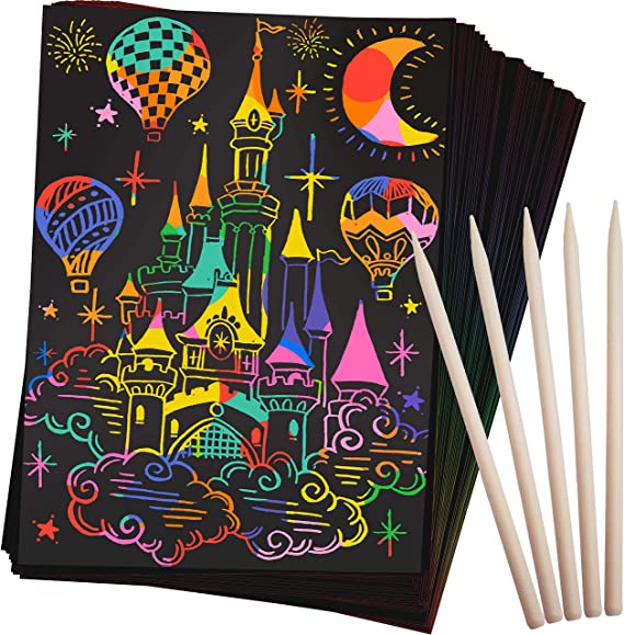 JOYEZA Scratch Paper Art Set for Kids 50Pcs Rainbow Scratch Paper Birthday Black Scratch Off Art - 5 Wooden Stylus Arts and Crafts for Kids Ages 8-12, 4-8