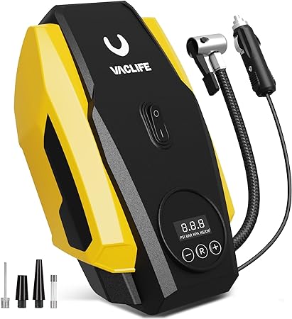 VacLife Car Tyre Inflator Air Compressor - Car Tyre Pump - 12V DC Compact Portable Air Compressor with Auto Shutoff Function - Multipurpose Car Accessory with LED Light, Yellow (VL718)