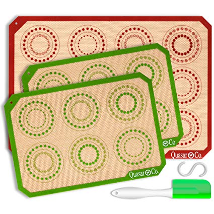 Silicone Baking Mat Set of 3 - Bundle | 1 Half Sheet & 2 Quarter Sheets | Reusable Baking Mats Silicone | Professional Non Stick Cookie & Macaron Liners | Baking Mat Non Stick | Q1&Q2 (Beige)