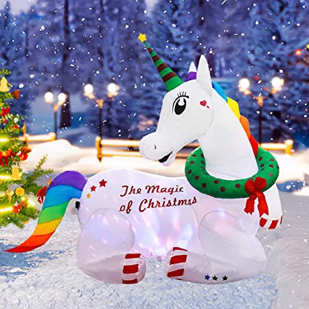Meland Christmas Inflatable Magical Unicorn 6ft - Self Inflating Xmas Unicorn Decorations with 7 Color Rotating Lights for Indoor Outdoor Christmas Party Yard Garden