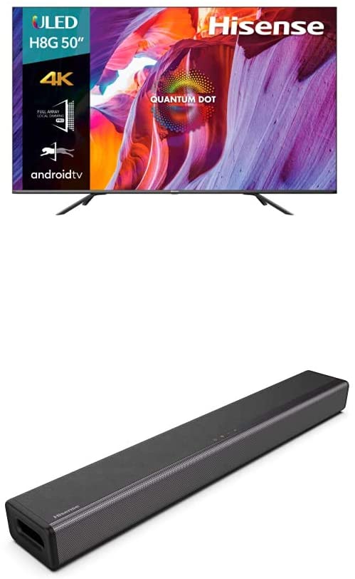 Hisense 50-Inch Class H8 Quantum Series Android 4K ULED Smart TV with Voice Remote (50H8G, 2020 Model)   Hisense 2.1 Channel Sound Bar Home Theater System with Bluetooth (Model HS214)