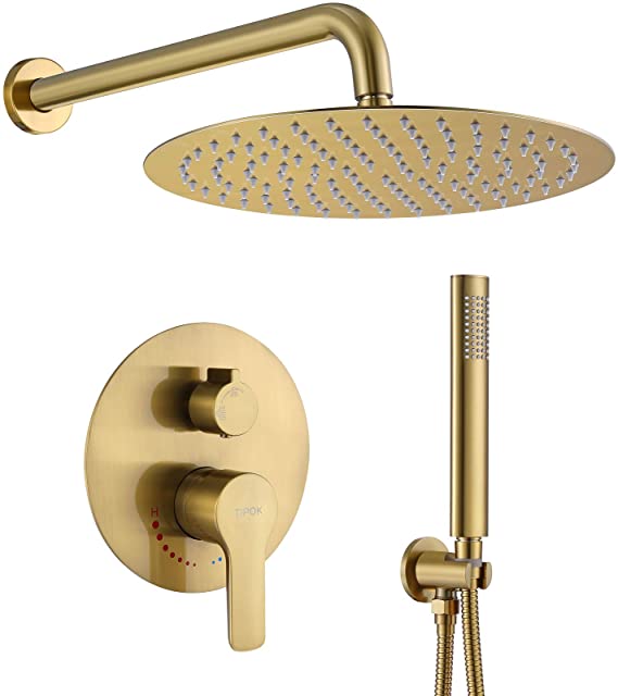 Shower System, Brushed Gold Shower Faucet Set Contain High Pressure 12 inch Round Rain Shower Head with Handheld, Wall Mounted Golden Brush Rainfall Shower Mixer Combo Set for Bathroom