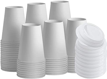 1InTheHome 10 oz White Paper Disposable Cups, Coffee Cups With Lids Disposable, Paper Coffee Hot Cups (100 Cup & 100 Lids))