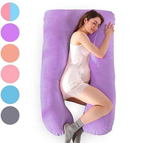 MINGPINHUIUS Pregnancy Body Pillow Include Velvet Pillow Cover, Maternity Pillows for Pregnant Women Sleeping 57" Full Sufficient Cotton U Shaped Pillowcase Detachable Washable (Purple)