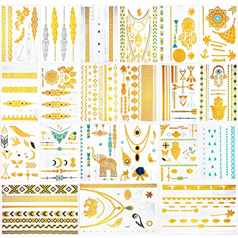 21 Sheets Gold Silver Temporary Tattoos Glitter Metallic Tattoos Waterproof Tattoo Sticker Temporary Fake Tattoo Stickers Jewelry Tattoos for Women Teens Girls Party Supplies Favors Shimmer Design