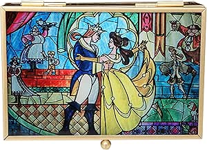 Disney Princess Beauty and the Beast Jewelry Box - Glass Jewelry Case with Stained Glass Belle and the Prince