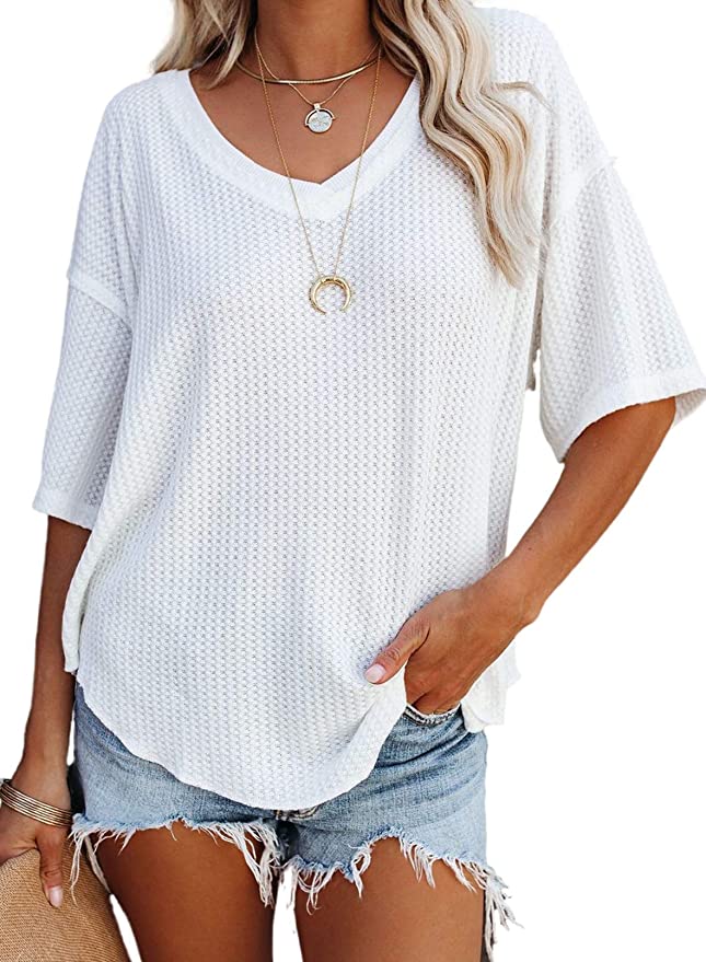 Dokotoo Women's Causual V Neck Short Sleeve Shirts Waffle Knit Loose Tunic Tops Blouses