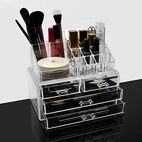 Acrylic Makeup Brush Storage Lipstick Holder Vanity Organizer Tray for Bathroom Countertop 2 Pieces Set, Clear