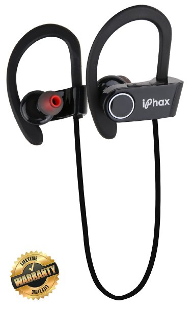 Bluetooth Headphones By iPhaxreg - Comfortable Sweatproof Sports Wireless Earbuds Pairing all iPhone and Android models - Fits all Indoor and Outdoor Activities LIFETIME WARRANTY Black