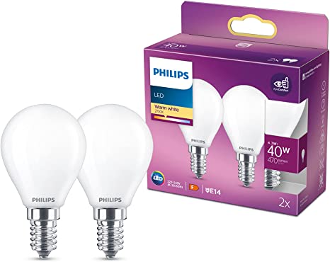 Philips LED Classic P45 Lustre Light Bulb 2 Pack [E14 Small Edison Screw] 2.2W - 25W Equivalent, Warm White (2700K), Non Dimmable, A