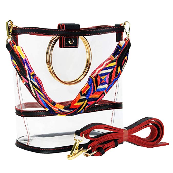 SharPlus Clear PVC Crossbody Shoulder Purse Bag - Sporting Events Stadium Approved Transparent Plastic Tote Bucket Handbag with Colorful Strap