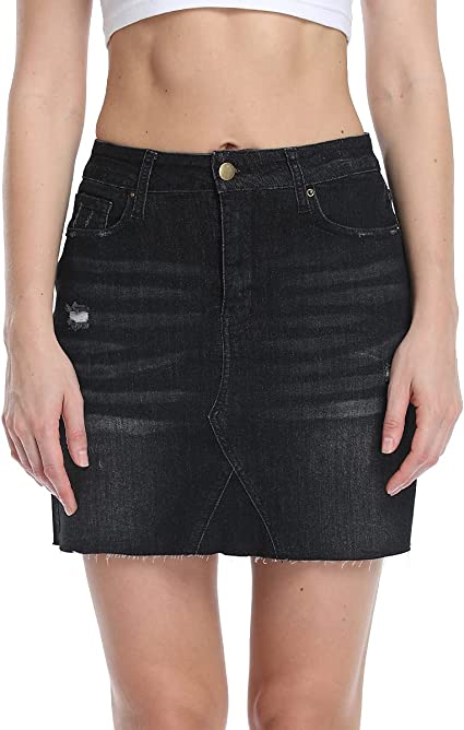 Dilgul Damen Jeansrock Zerrissene Roher Saum Knopf Denim Minirock mit Taschen