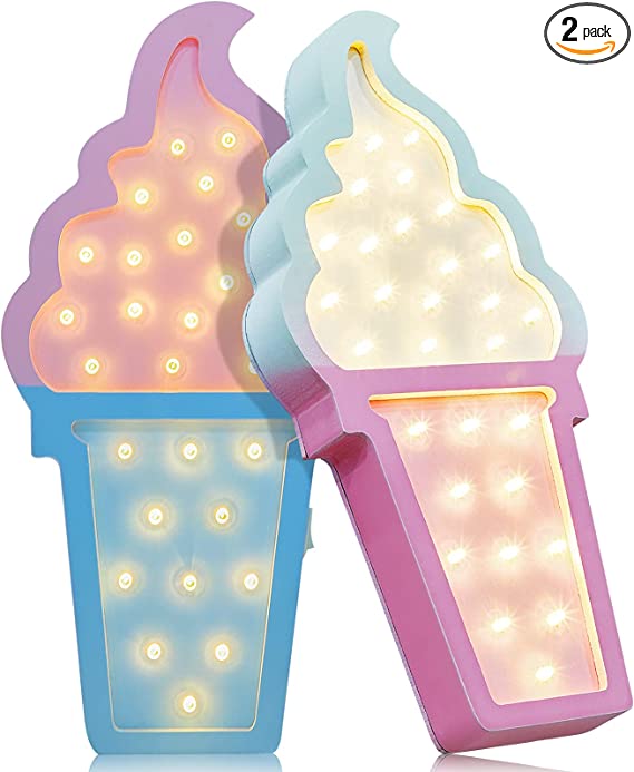 2 Pcs Ice Cream Valentine Romance Atmosphere Light Wooden Ice Cream LED Night Light Ice Cream Theme Valentine Romance Lamps Battery Operated LED Night Lights for Birthday Party Decor (Blue-Pink)