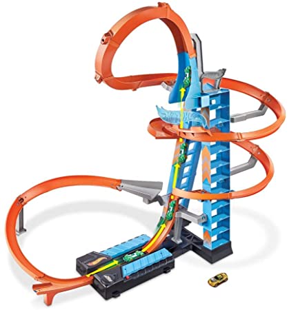 Hot Wheels Sky Crash Tower Track Set, 2.5  ft / 83 cm High with Motorized Booster, Orange Track & 1 Hot Wheels Vehicle, Race Multiple Cars, Gift for Kids 5 to 10 Years Old & Up