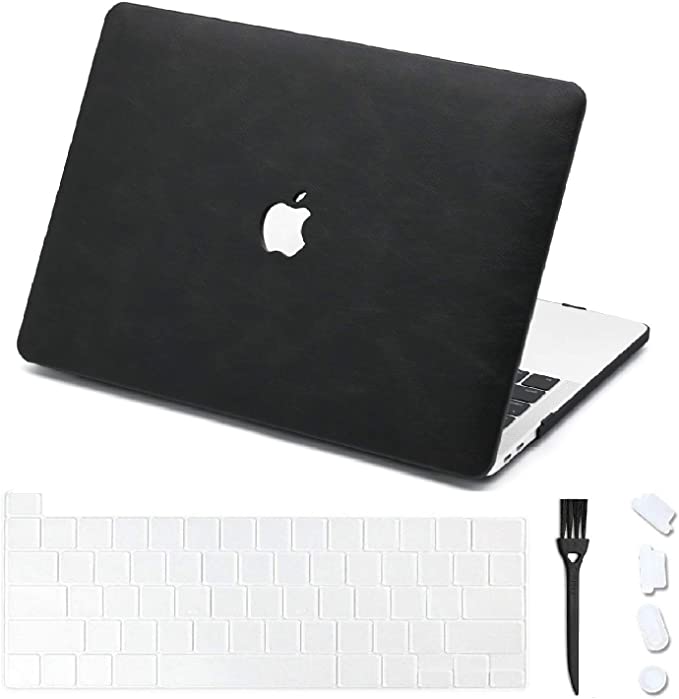 DHZ MacBook Pro 16 Inch Case 2019 Release with Touch ID A2141,Italian Leather Protective Cover Hard Shell with Keyboard Skin,Dust Plug,Keyboard Brush, (Bundle 4 in 1),Black Leather