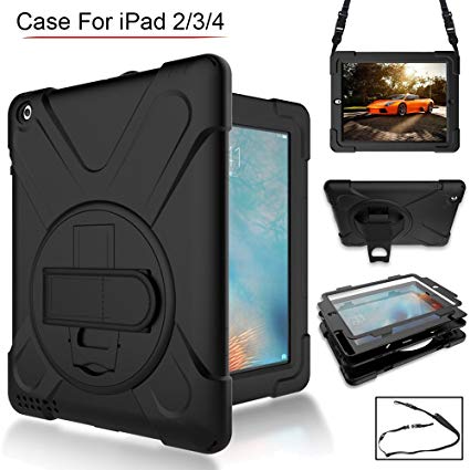 iPad 2/3/4 Case,Mektron 360 Degree Swivel Stand/Handle Stand & Shoulder Strap Cover Shockproof Three-Layer Hybrid Full-Body Protective Case For Apple iPad 2 3 4 (Black)