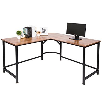 TOPSKY L-Shaped Desk Corner Computer Desk 55" x 55" with 24" Deep Workstation Bevel Edge Design (OAK BROWN  Black Leg)