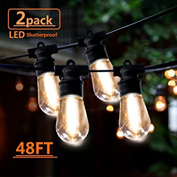 Outdoor String Lights Waterproof Patio Lights 2 Pack 48FT LED String Lights Commercial Hanging Lights String S14 Bulbs with 4 Spare 2700K Outdoor Lights String Decorative Patio Porch Garden