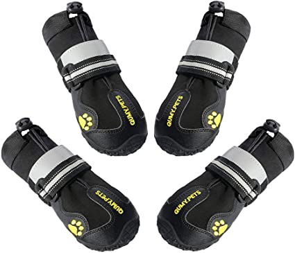 QUMY Dog Boots Waterproof Shoes for Large Dogs with Reflective Velcro Rugged Anti-Slip Sole Black 4PCS (Size 7: 3.1"x2.7"(LW), Black-B)