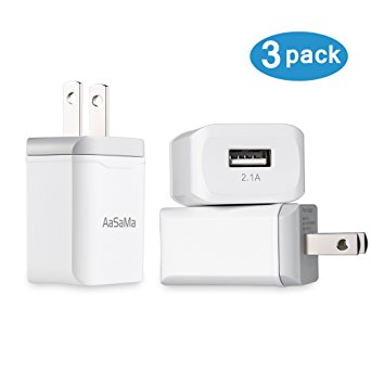 AaSaMa Universal 2.1A USB Wall Charger Adapter for iPhone iPad Smartphones and More (3 Pack)