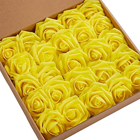 N&T NIETING Roses Artificial Flowers, 25pcs Real Touch Artificial Foam Roses Decoration DIY for Wedding Bridesmaid Bridal Bouquets Centerpieces, Party Decoration, Home Display (Yellow)