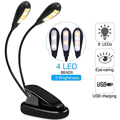 Book Light, HotSan Reading Light Led Clip Reading Light with Eye Protection 3 Level Brightness USB Travel Book Lights for Bed, Rechargeable, Portable,