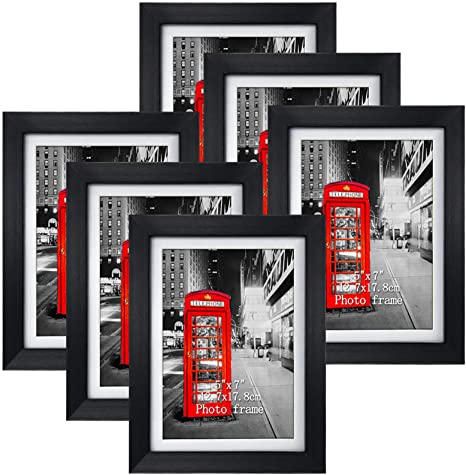 Amazing Roo 5x7 Black Picture Frames Set of 6, Display Photos 5x7 with Mat or 6x8 Without Mat for Wall or Tabletop Decor