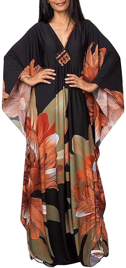 Bsubseach Women Ethnic Print Kaftan Beach Dress Plus Size Swimsuit Cover Up