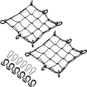 Navaris Small Motorcycle Cargo Nets (Set of 2) - 15.7" x 15.7" Bungee Net for Motorcycles - Elastic Netting with Plastic Hooks and Carabiner Clips