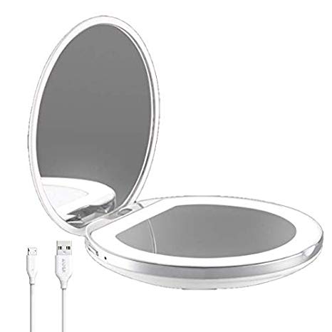 Flybiz LED Lighted Travel Compact Makeup Mirror, Portable Vanity Mirror 3X Magnification & 1X Cosmetic Illuminated Portable Pocket Handbag Mirror, Daylight Led, with USB Charge Cable