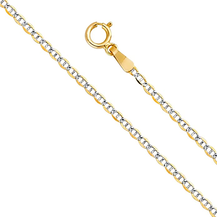 14k REAL Two Tone Gold Solid 1.5mm Flat Mariner Chain Necklace with Spring Ring Clasp