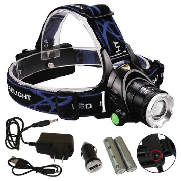 Goliath Industry LED Cree Headlamp - 1200 Lumens Bright, Rechargeable, Water-Resistant Headlight Plus USB Cable & Charger - Zoomable, 3 Light Modes - Hands-Free Running, Hiking, Camping, & Biking