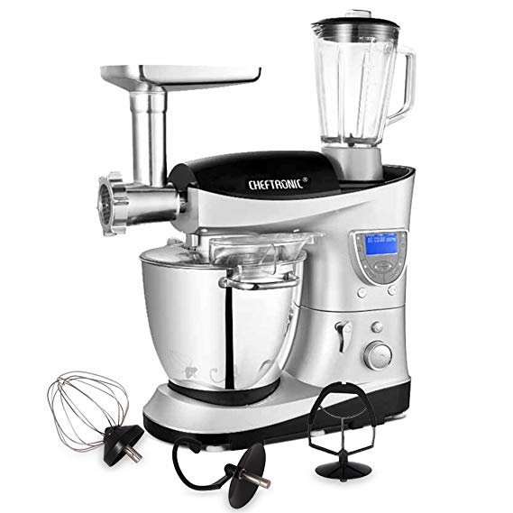 CHEFTRONIC tilt-head Multifunctional Stand Mixer 1000W Kitchen Electric Mixer, 7.4QT Cooking & Mixing Bowl, With Beaters, Meat Grinder, Sausage Stuffer and Juice Blender. (silvery)