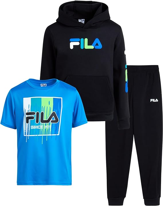 Fila Boys' Active Sweatsuit Set - 3 Piece Performance Hoodie Sweatshirt, Jogger Sweatpants, T-Shirt - Activewear Set (8-12)