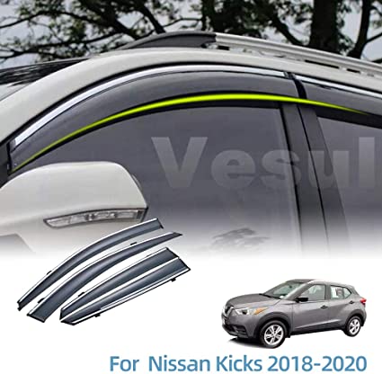 Vesul Outside Mount Tape-on/Clip-on Polycarbonate Rain Guards Window Visors Fit for Nissan Kicks 2018-2020 Window Wind Deflector Shield Cover Sun Ventshade with 304 Stainless Steel Trim