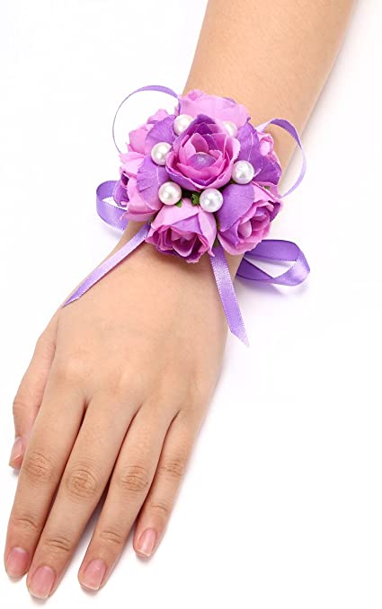 FAYBOX Girl Bridesmaid Wedding Wrist Corsage Party Prom Hand Flower Decor Pack of 2 Purple