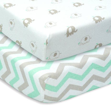 CUDDLY CUBS Set of 2 Jersey Cotton Fitted Crib Sheets in Gray and Mint with Chevron & Elephants - TOP QUALITY Nursery Bedding for Boy or Girl, Ideal Baby Shower Gift