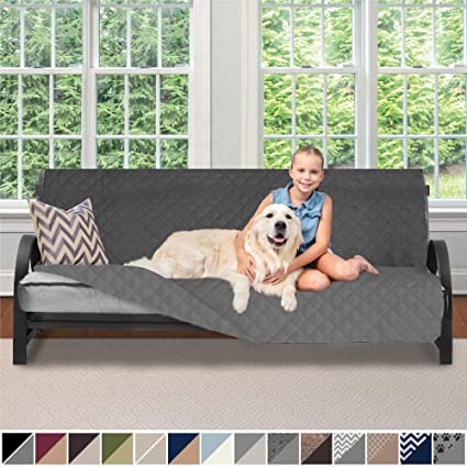 Sofa Shield Original Patent Pending Reversible Futon Protector for Seat Width up to 70 Inch, Furniture Slipcover, 2 Inch Strap, Daybed Couch Slip Cover Throw for Pet Dogs, Cats, Futon, Charcoal