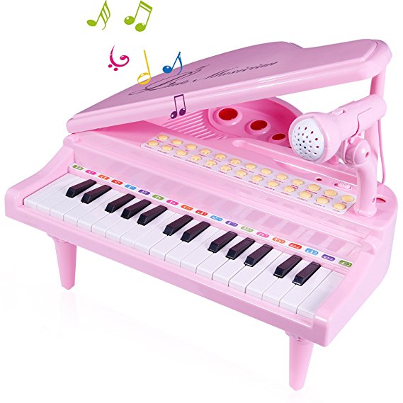 SGILE 31 Keys Musical Piano Toy with Microphone, Learn-to-Play for Girl Toddlers Kids Singing Music development, Audio link with Mobile MP3 IPad PC, Pink