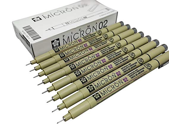 Sakura Pigma Micron drawing pens 02 Black ink, Line Width 0.3mm - 8 pack of Micron 02 black