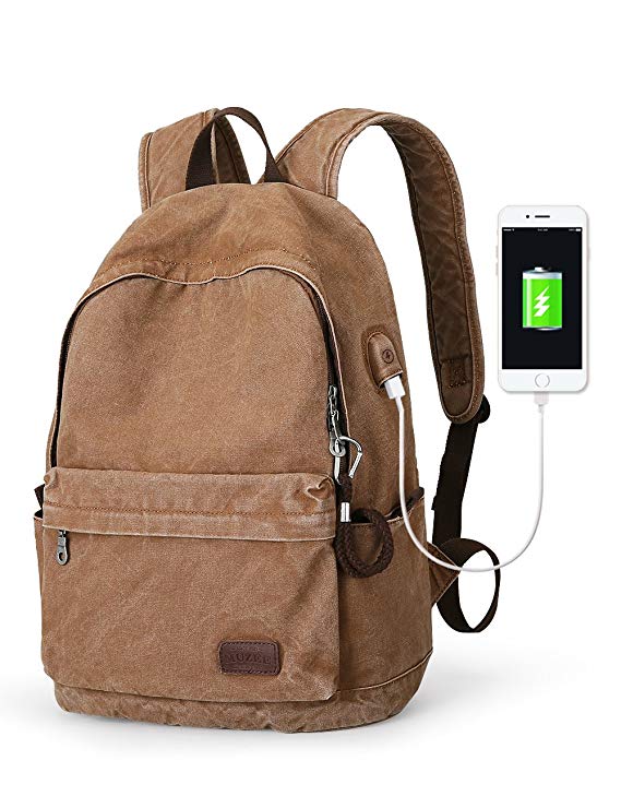 Muzee Canvas Backpack with USB Charging Port for Men Women, Lightweight Anti-Theft Travel Daypack College Student Rucksack Backpack Fits up to 15.6 inch Laptop Backpack Light Brown