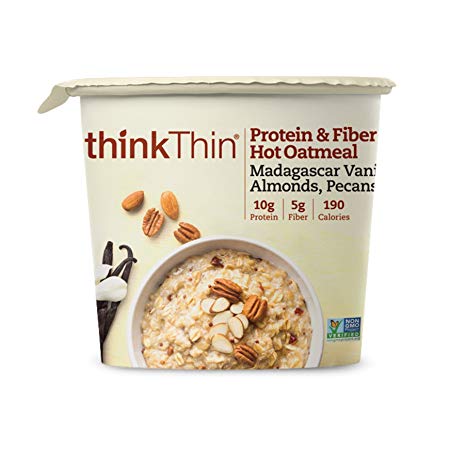 thinkThin Protein & Fiber Hot Oatmeal, Madagascar Vanilla with Almonds and Pecans, 1.76 oz Bowl (Pack Of 6)