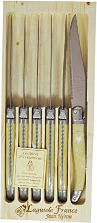 Neron Coutellerie Laguiole 6 Piece Steak Knife Set with Plates and Pale Horn Handle with Wooden Box by Jean Neron