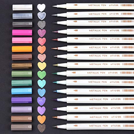 15 Colors Metallic Brush Markers, Lelix Metallic Brush tip Pens Set for Black Paper, DIY Photo Album, Card Making, Rock Art Painting, Scrapbooking, Glass, Metal, Wood